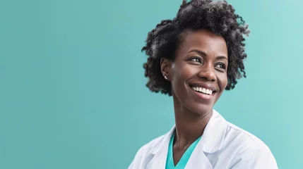 Fotobehang Jeune infirmière noire en tenue blanche sur fond turquoise » IA générative © Maelgoa