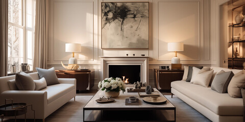 Contemporary Leather Sofa and Black Walls Elevate the Style of this Living Room with back abstracts art design 