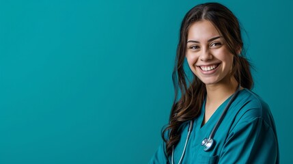 Jeune infirmière brune souriante sur fond bleu » IA générative