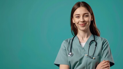 Jeune infirmière brune souriante sur fond turquoise » IA générative - obrazy, fototapety, plakaty
