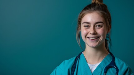 Jeune sage femme souriante sur fond turquoise » IA générative