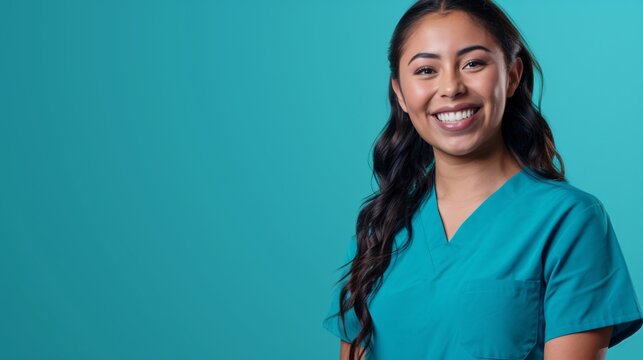 Une aide-soignante latino sur fond turquoise &raquo; IA g&eacute;n&eacute;rative