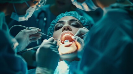 Dentiste et son assistante traitant les dents d'une patiente » IA générative - obrazy, fototapety, plakaty