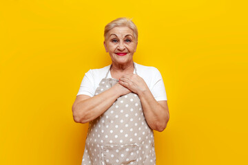cheerful old grandmother housekeeper in apron shows tenderness on yellow isolated background,...
