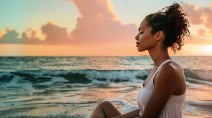 Femme en méditation à côté des vagues de l'océan » IA générative