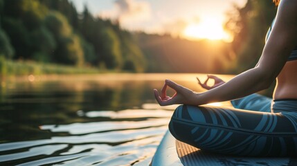 Femme pratiquant le yoga sur un paddle au coucher du soleil » IA générative - obrazy, fototapety, plakaty