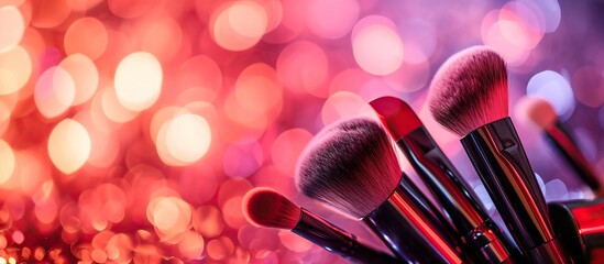 Close up of makeup tools, brushes and lipstick on bokeh background.
