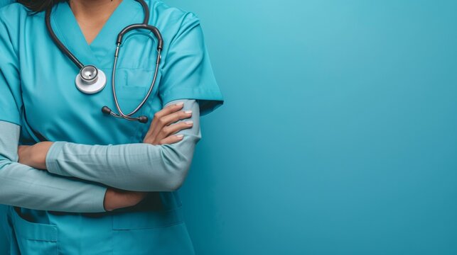 Buste d'une infirmi&egrave;re en tenue bleue sur fond turquoise &raquo; IA g&eacute;n&eacute;rative
