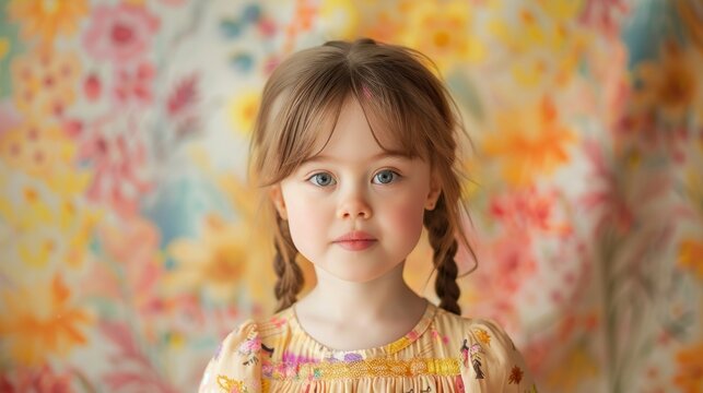 cute pink-cheeked healthy girl, with pigtails, portrait in rustic style, canri image