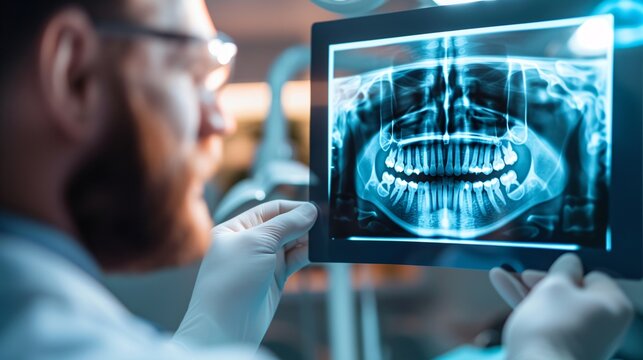 Un chirurgien dentiste observant la radio des dents d'un patient &raquo; IA g&eacute;n&eacute;rative