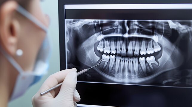 Une chirurgien dentiste observant la radio des dents d'un patient &raquo; IA g&eacute;n&eacute;rative
