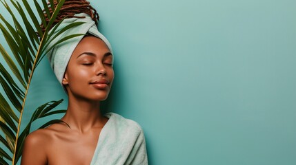 Femme noire se relaxant dans un spa sur fond vert » IA générative - obrazy, fototapety, plakaty