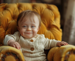 Fototapeta premium a mischievous baby in bright yellow colors