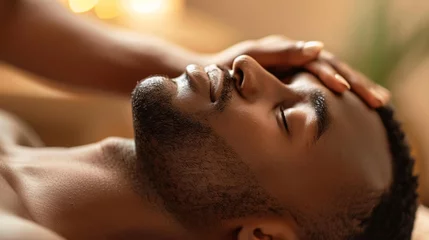 Crédence en verre imprimé Salon de massage Jeune homme noir se faisant masser le visage dans un salon de massage » IA générative