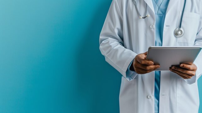 Buste d'un m&eacute;decin tenant une tablette dans les mains &raquo; IA g&eacute;n&eacute;rative
