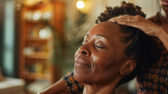 Femme noire se relaxant avec un massage cranien » IA générative
