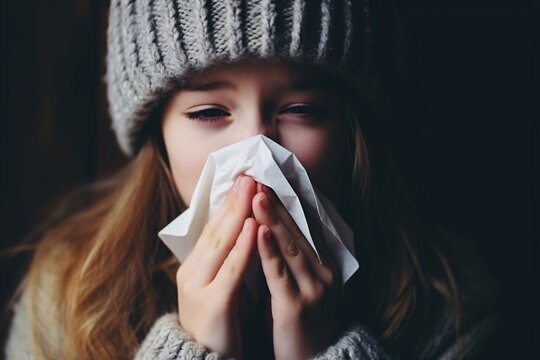 Gros plan sur une fille malade se mouchant &raquo; IA g&eacute;n&eacute;rative