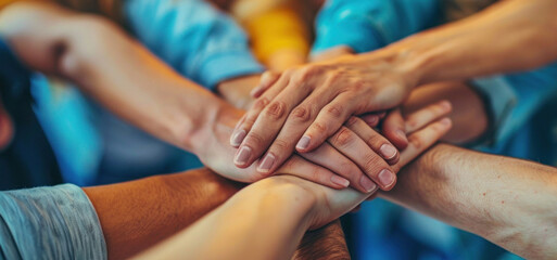 Close up of young business people putting their hands together. Stack of hands. Unity and teamwork concept.