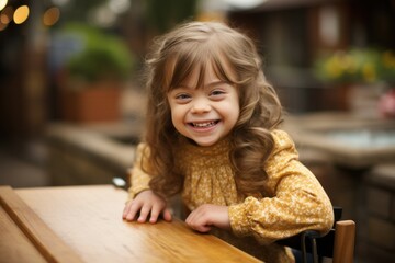 Development and integration of children with special needs, Sunny girl with Down syndrome smiling at her school desk