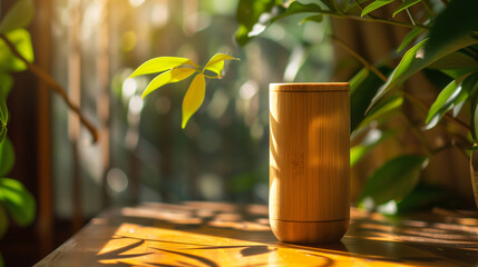 bamboo tumbler surrounded by bamboo leaves. Eco friendly insulated water bottle mug