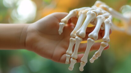 Une main tenant une main de squelette » IA générative - obrazy, fototapety, plakaty