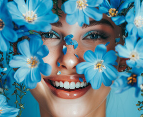 Beautiful woman smile, teeth and a fresh blue flowers. Dentist and dental care concept. Blue background.