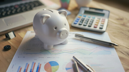 A piggy bank sits next to a calculator and financial charts on a wooden desk, symbolizing personal savings and financial planning.