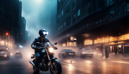 male motorcyclist wearing virtual reality glasses rides around the city on a motorcycle. Virtual driver assistant - obrazy, fototapety, plakaty