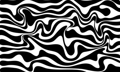 Abstract vector pattern of wavy stripes or rippled 3D relief black and white lines background. Twisted curved stripe, modern trendy curves or geometric zebra pattern texture background.