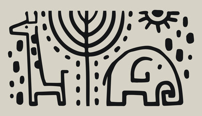 Obraz premium An elegant herbivore with a long neck. Poster with animals of Africa. Illustration in cartoon style. Children's drawing of a giraffe and an elephant for design. Stylized sun with tree. Folk art.