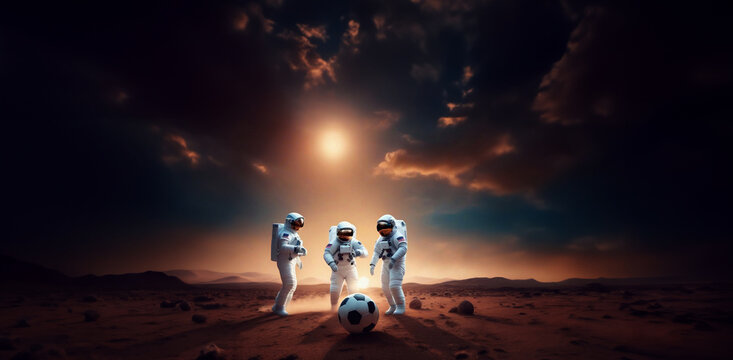 astronauts in overalls and helmets play football on an uninhabited planet in space. - Powered by Adobe
