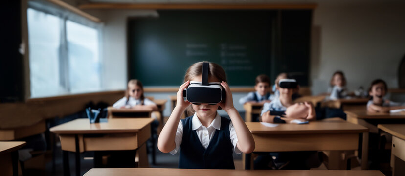 schoolchildren students wearing virtual reality glasses in a classroom at school studying.