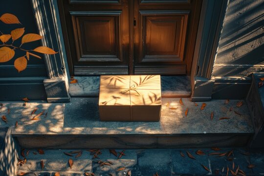 Cardboard box, parcel, packaging brought by courier delivery, at the doorstep of the house