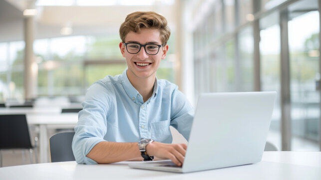 a cheerful young individual is working on a laptop at a bright office space, exuding a vibe of positivity and productivity.