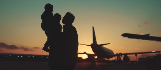 Silhouette of young family in airport and whit air plane sunset