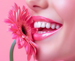 Beautiful woman smile, teeth and a fresh flower. Dentist and dental care concept and background.