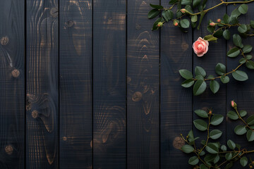 rose rose avec du branchage et des boutons de roses fermés sur un fond en bois foncé avec espace négatif pour texte copyspace, pour fleuriste, botaniste,  - obrazy, fototapety, plakaty