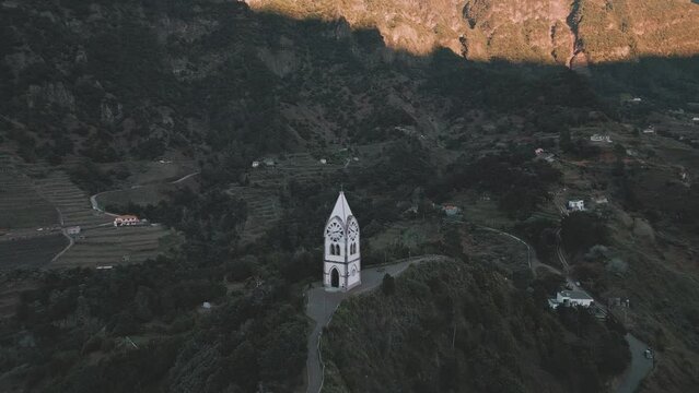 Drone flight at Nossa Senhora de Fatima Chapel, Madeira with orbit and tilt up