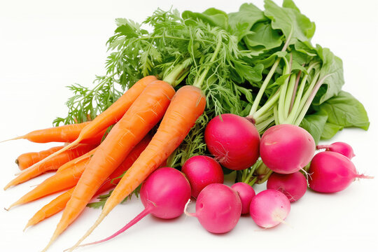 A vibrant display of freshly harvested organic carrots and radishes, beautifully arranged to highlight their natural colors and freshness.