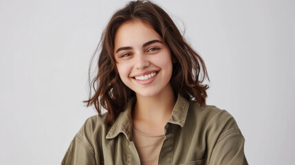 Obraz premium A cheerful woman with red hair tied in a bun, laughing joyfully in a casual grey t-shirt, her freckles and bright expression conveying happiness.