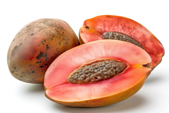 A vibrant image of ripe mamey, freshly cut and showcasing the golden interior. The juicy fruit is isolated on a white background, highlighting its freshness and tropical appeal.