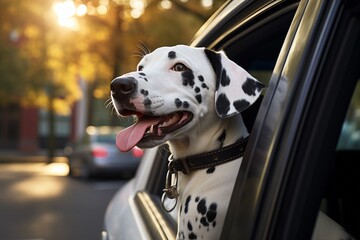 handsome dalmatian looking out of car window
