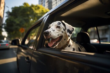 handsome dalmatian looking out of car window