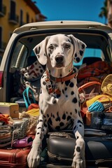 pretty dalmatian sits in the trunk of a packed car