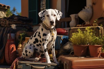 pretty dalmatian dog sits between moving goods