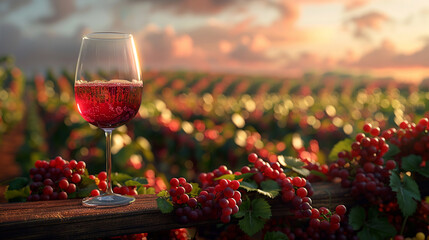 Wineglass with red wine in vineyard at sunset, closeup