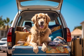 Golden retriever dog sits in the trunk of a packed car