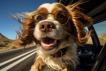 cute spaniel with glasses outdoor