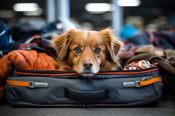 cute elderly dog lying in a suitcase