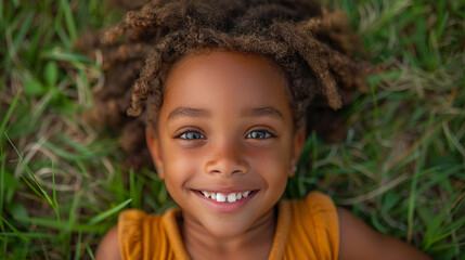 portrait of a little girl lying on the grass and looking at the camera